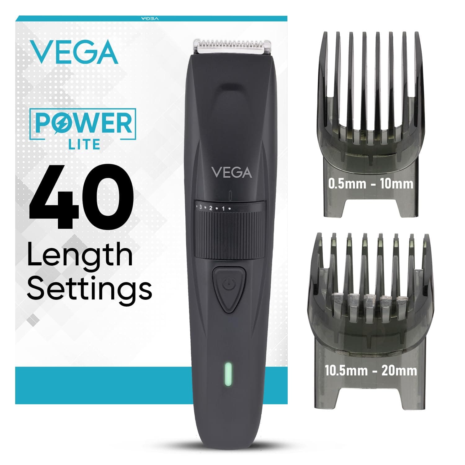 Vega Trimmer for Men with 90 Mins Runtime, Stainless Steel Blades & 40 Length Settings, Black, (Power Lite, VHTH-38)
