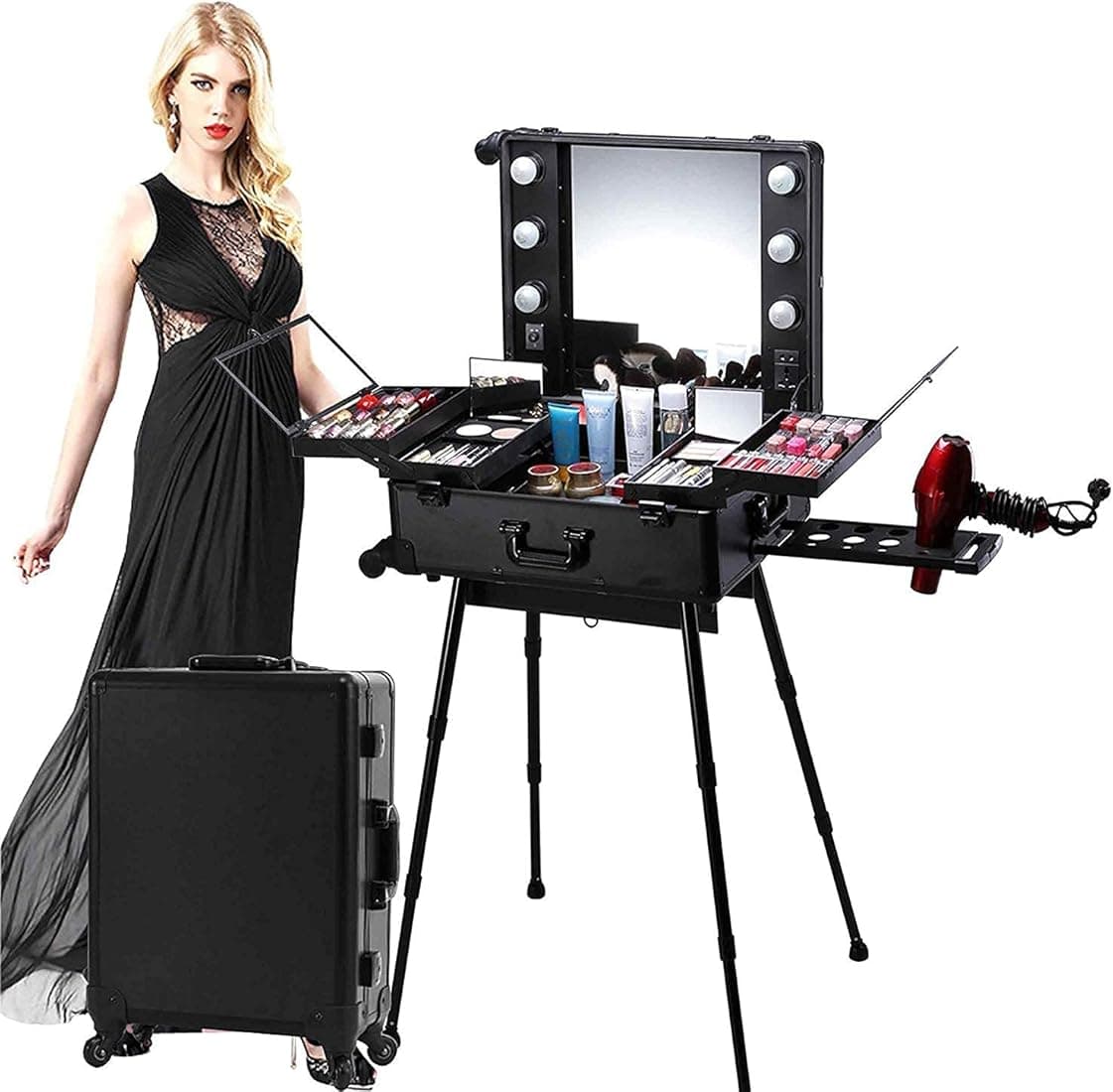 Adson Rolling Makeup Trolley Cosmetic Case Train Case Beauty Box Vanity Case Storage Hairdressing Organiser for Salon, Artist Aluminum Cosmetic Storag...