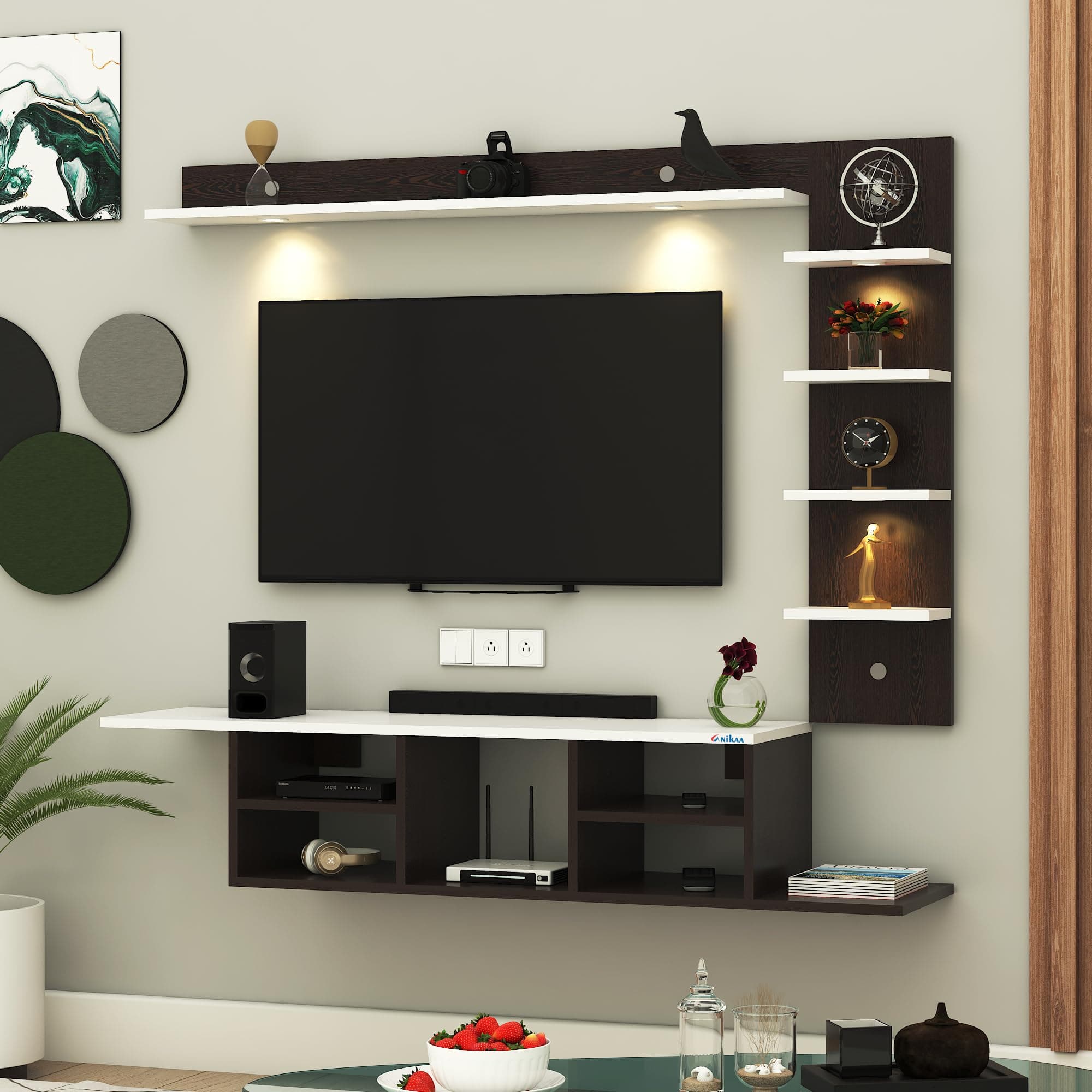 Anikaa LED Light TV Unit Wall Mounted TV Unit Wall TV Cabinet with Shelves Display Unit for Living Room, Set Top Box Stand - Wenge/White (D.I.Y - Do-I...