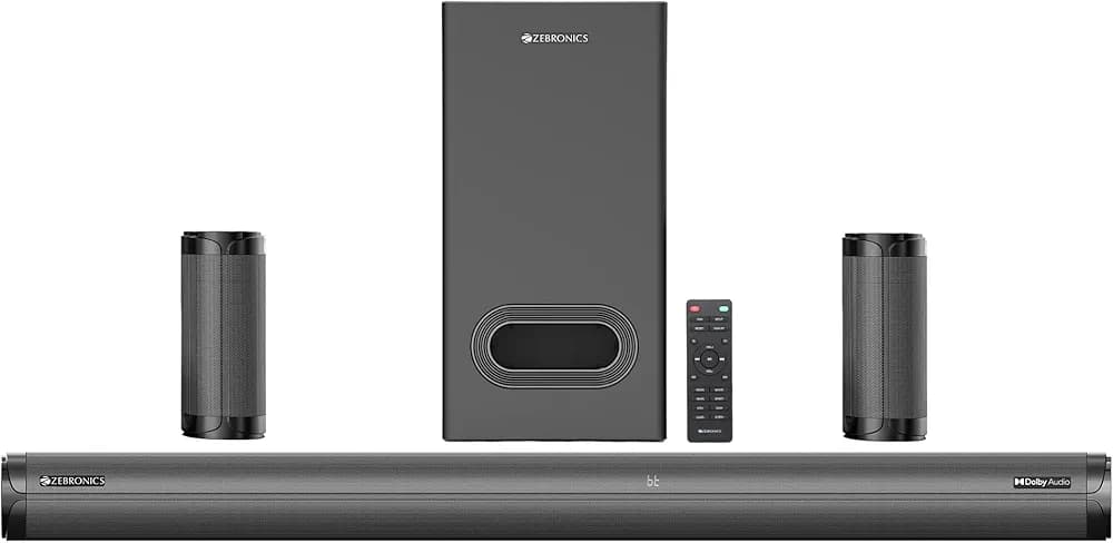 ZEBRONICS Zeb-Juke BAR 9450 PRO Dolby 5.1 soundbar with Dolby Audio, 525 Watts Output, Dual Rear Satellites, 16.5cm Powerful subwoofer, HDMI ARC, Optical, BT v5.0, LED Display, Wall Mount, AUX, Black