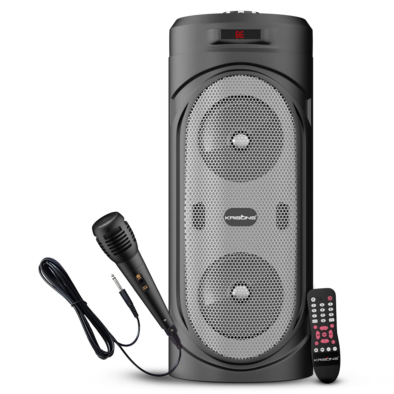 KRISONS 4" SilverStar Double Woofer 30W Multi-Media Bluetooth Party Speaker with Wired Mic for Karaoke, RGB Lights, USB, SD Card and FM Radio (SILVERSTAR_1)