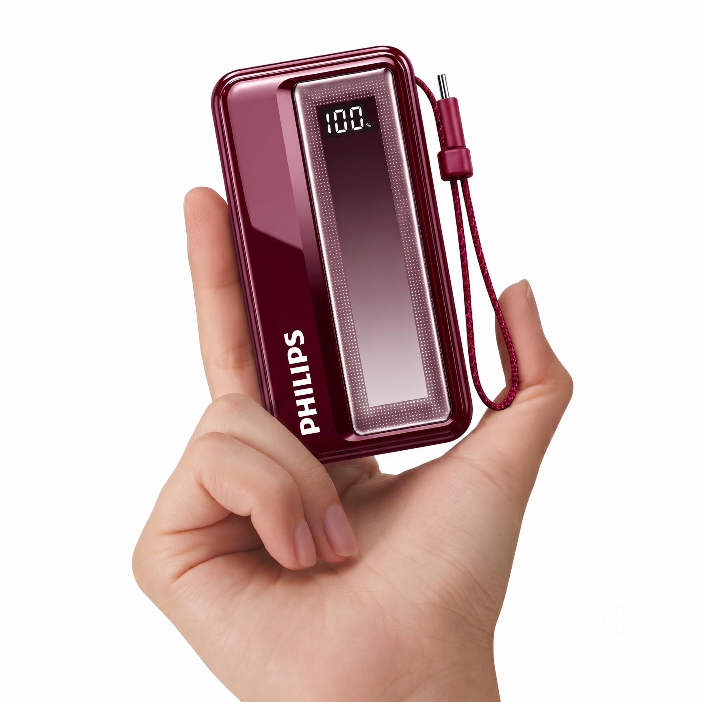 Philips 10000mAh 30W Max Fast Charging Power Bank (Iron Red) with Built-in Cable | Type-C Input/Output | 3 Output Ports | Lithium Polymer | Portable for Mobile, Tablet & Earbuds