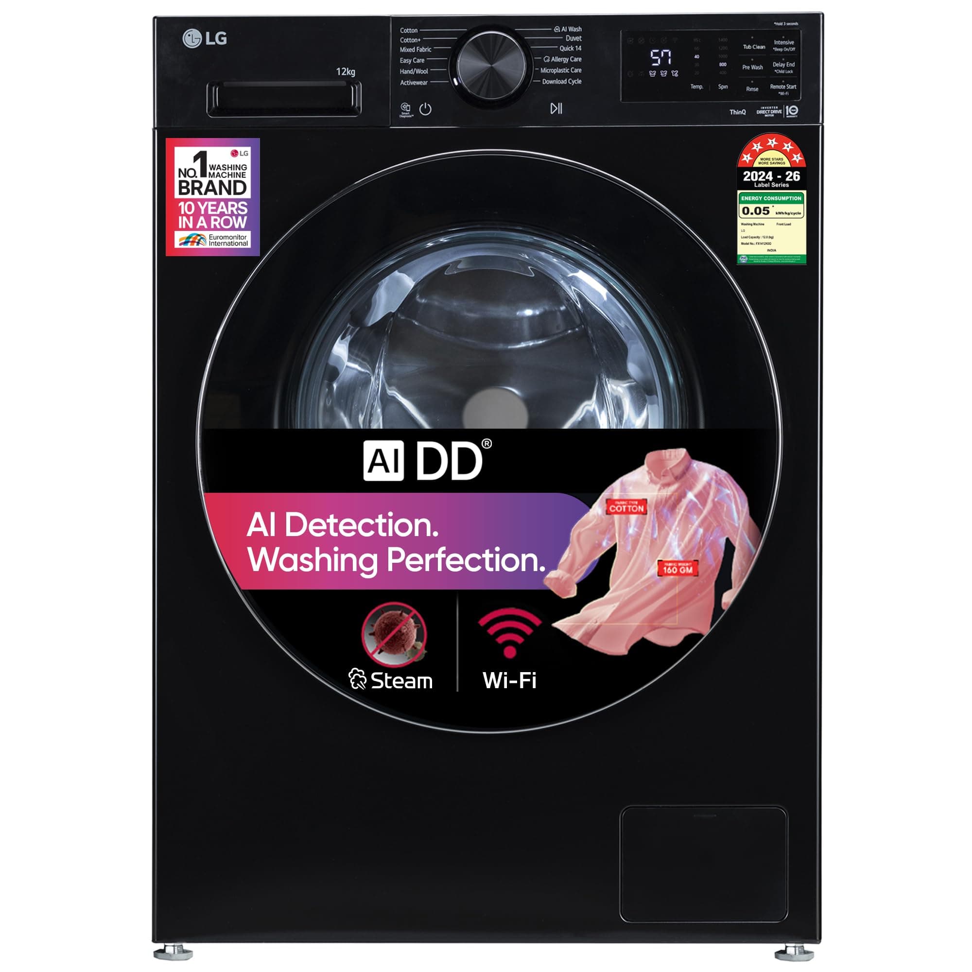 LG 12 Kg, 5 Star, AI DD Technology, Steam, Wi-Fi, Tempered glass door, Fully-Automatic Front Load Washing Machine (FX1412N...