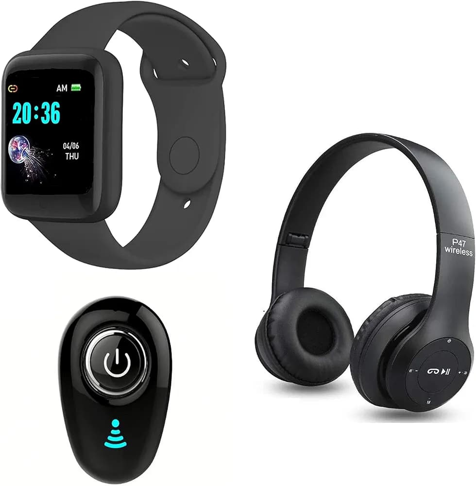 TechKing( Special Deal with 12 eyars warranty) Pro 3 Smart Watch 1.3'' OneTouch with 24x7 Dynamic Heart Rate Blood Pressure Waterproof Smartwatch for Women/Men With P47 Wireless Bluetooth Portable Sports Headphones with S650 Single Earbud-Black