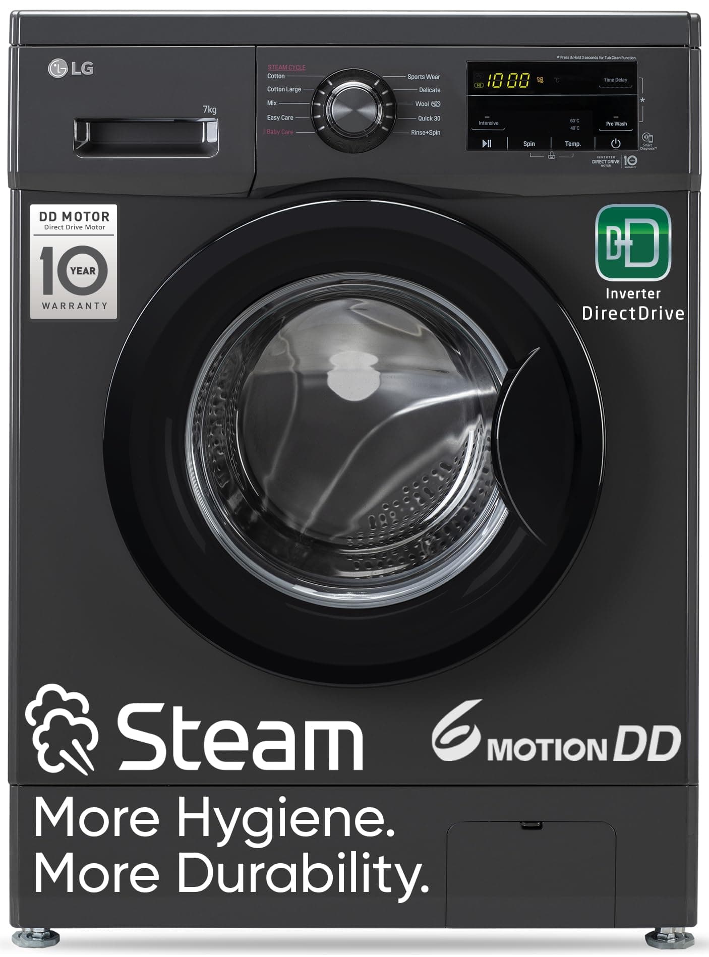 LG 7 Kg 5 Star Inverter Touch panel Fully-Automatic Front Load Washing Machine with In-Built Heater (FHM1207SDM, Middle Black, Steam for Hygiene Wash)