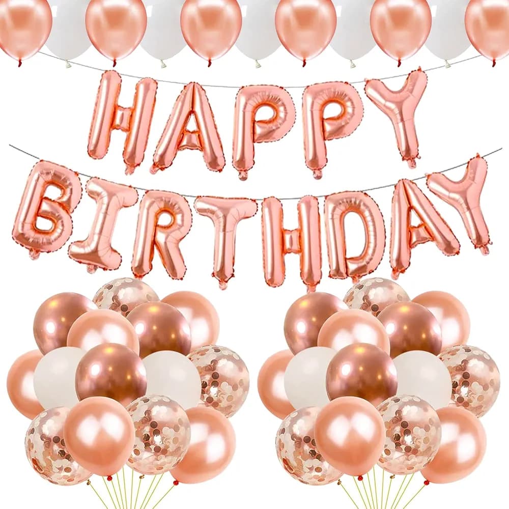 Party Propz Rose Gold Birthday Decoration Items-Pack Of 31|Rose Gold Balloons For Decoration|Birthday Decorations For Girls|Women|Rose Gold Confetti|Metallic Balloons|Foil Happy Birthday Banner