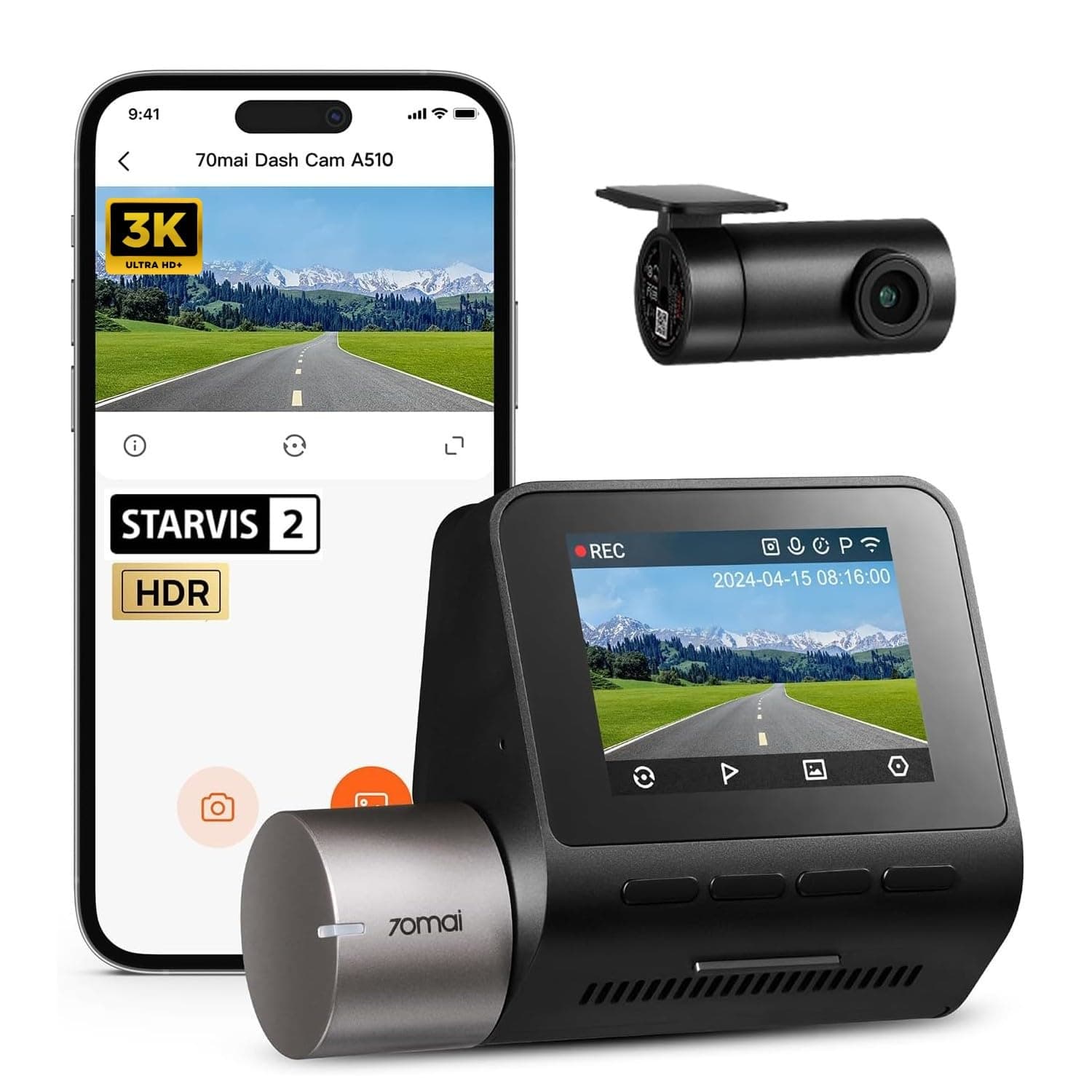 70mai A510 HDR 3K Dual Channel Dash Cam, STARVIS 2 IMX667 Sensor, ADAS, Built-in GPS Logger, Route Recorder, MaiColor Vivid+ with Night Owl Vision, Ap...