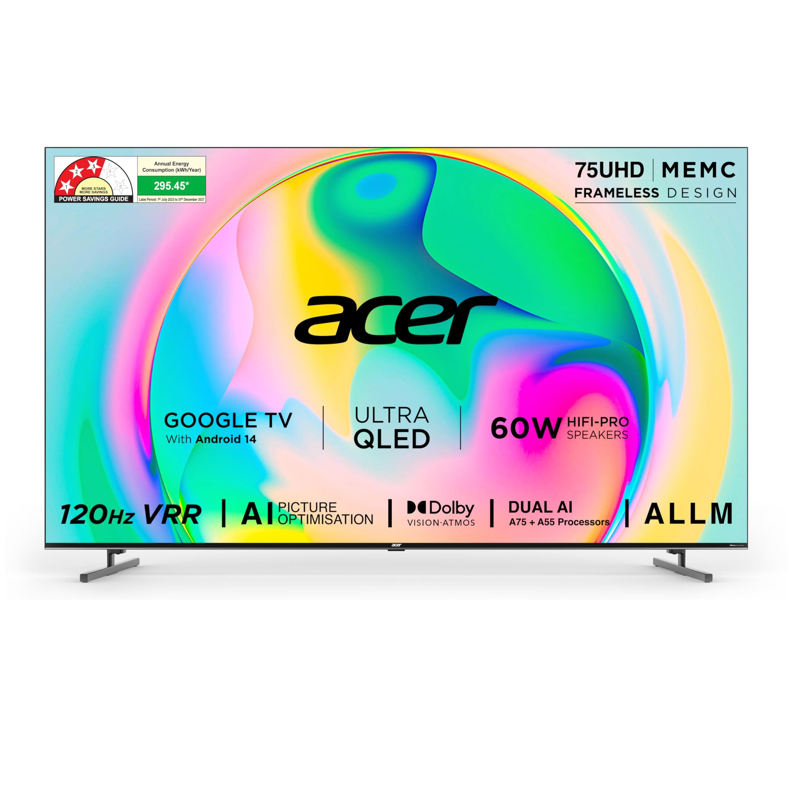 Acer 189 cm (75 inches) Super Series 4K Ultra HD Smart QLED Google TV AR75QDXGU2875AT (Black) 2024 Model