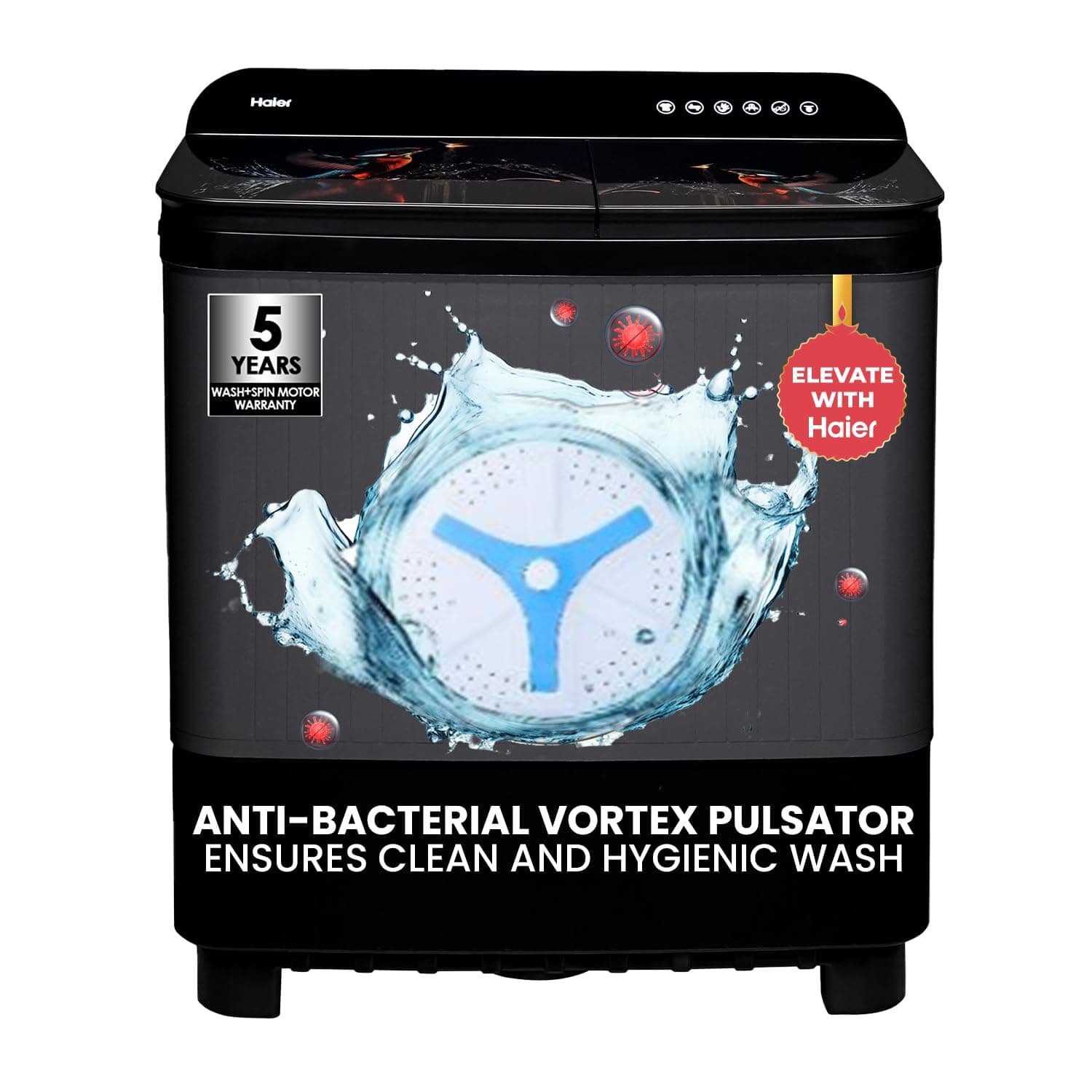 Haier 9 kg 5 Star Toughened Glass & Vortex pulsator Semi Automatic Top Load (HTW90-178FL,Black)