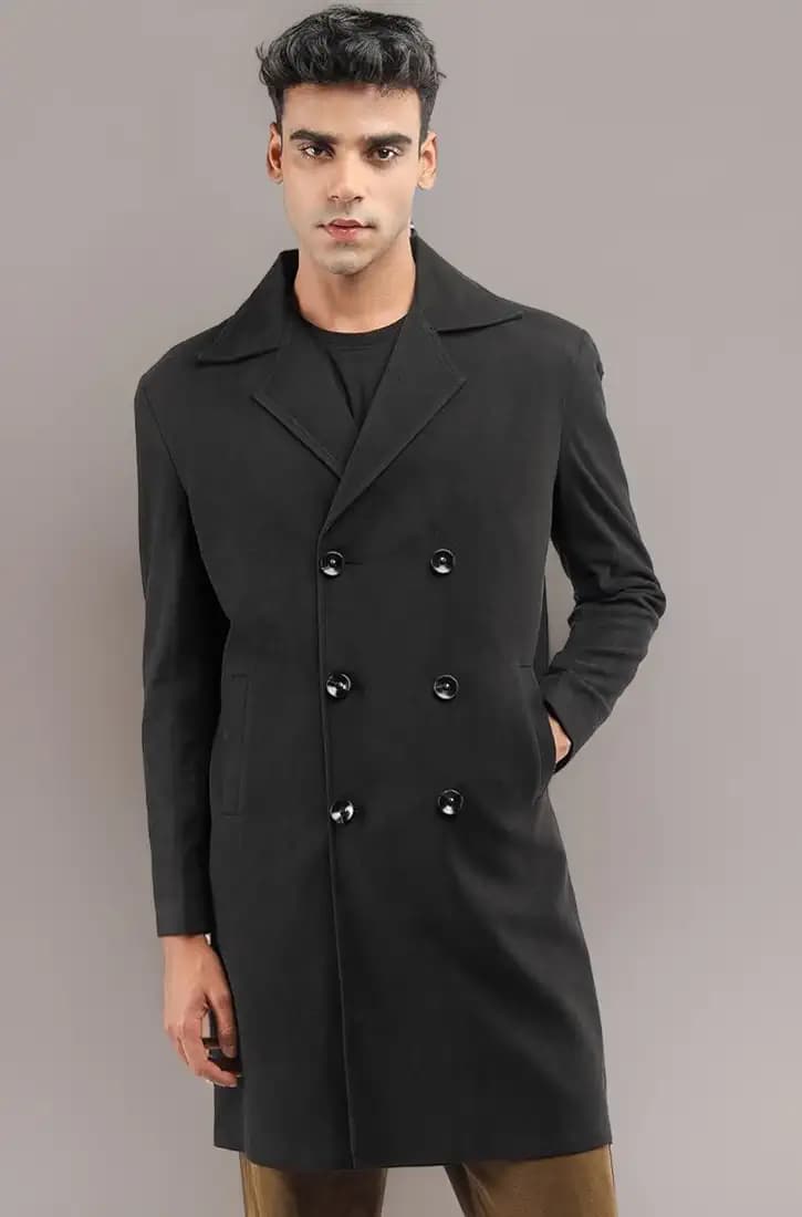 CHKOKKO Men Winter Wear Solid Double Breasted Long Coat