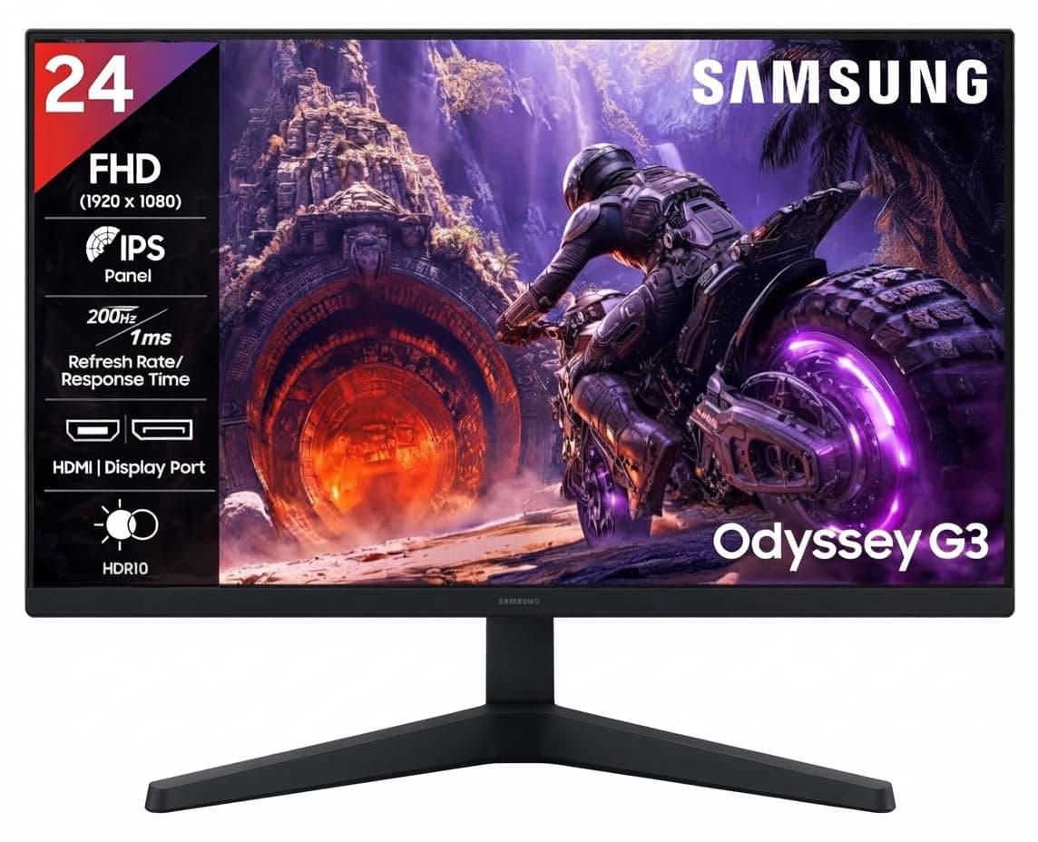 Samsung 24" (60.4cm) Odyssey G3 IPS Gaming Monitor| FHD 1920 X 1080 | IPS Panel | 200Hz | 1ms | HDR10|FreeSync Premium|Ports-DP,HDMI,Headphone|16.7 Million Colors|Tilt Adjustable|LS24HG300EWXXL|Black