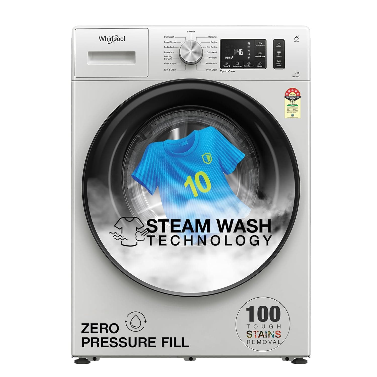 Whirlpool 7 Kg Steam Technology Inverter Front Load Washing Machine with In-Built Heater (XS7010BWW52E, Crystal White, 100+ Tough Stains, 6th Sense So...