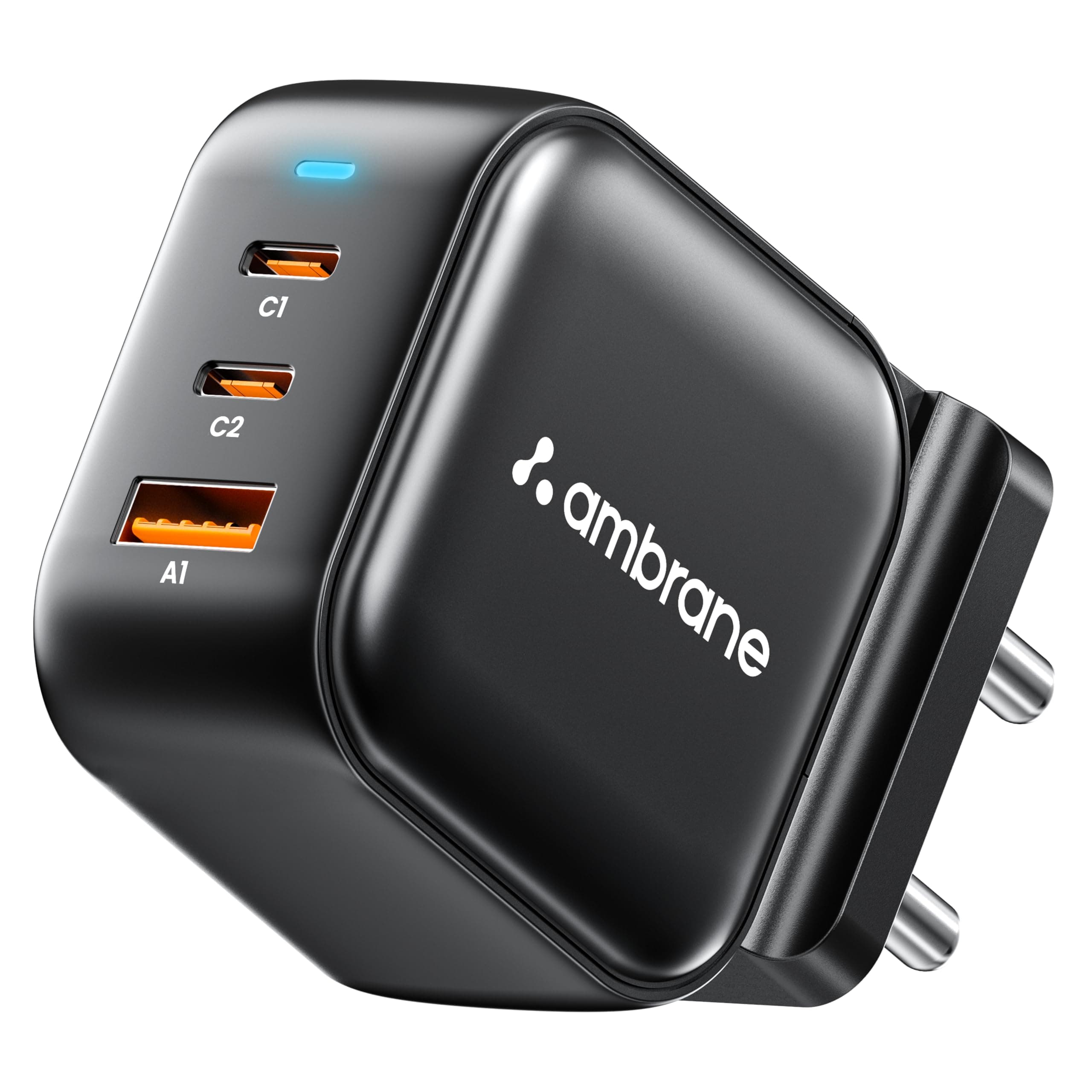 Ambrane 65W Charger Adapter, 3 Ports - 2 Type C & 1 USB for Samsung, Type C Laptops: MacBook, Dell, HP, ASUS, Fast Charger with PD Technology & GaN Te...