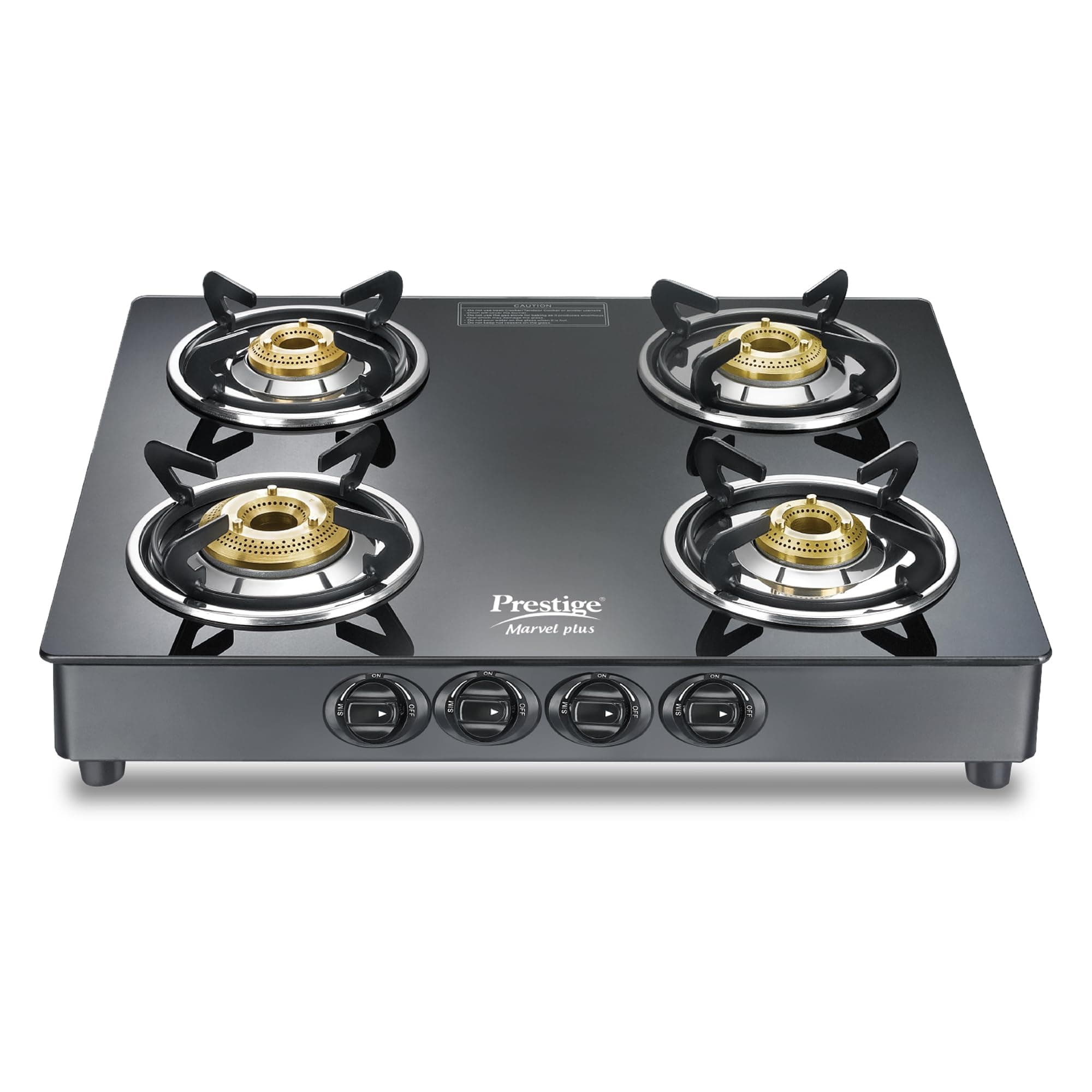Prestige Marvel Plus 4 Burner Glass Top Gas Stove, GTM 04, Black, Manual