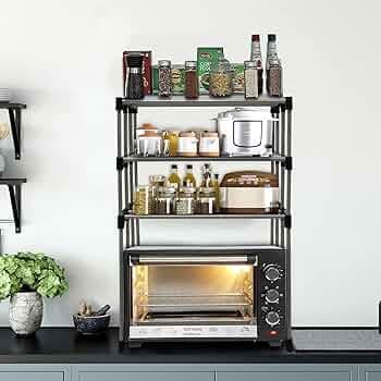 KONLINE Metal Adjustable Microwave Stand Kitchen Platform 3-Tier Microwave Oven Rack Organizer Multipurpose Countertop Storage, Metal Rack, Black Colo...