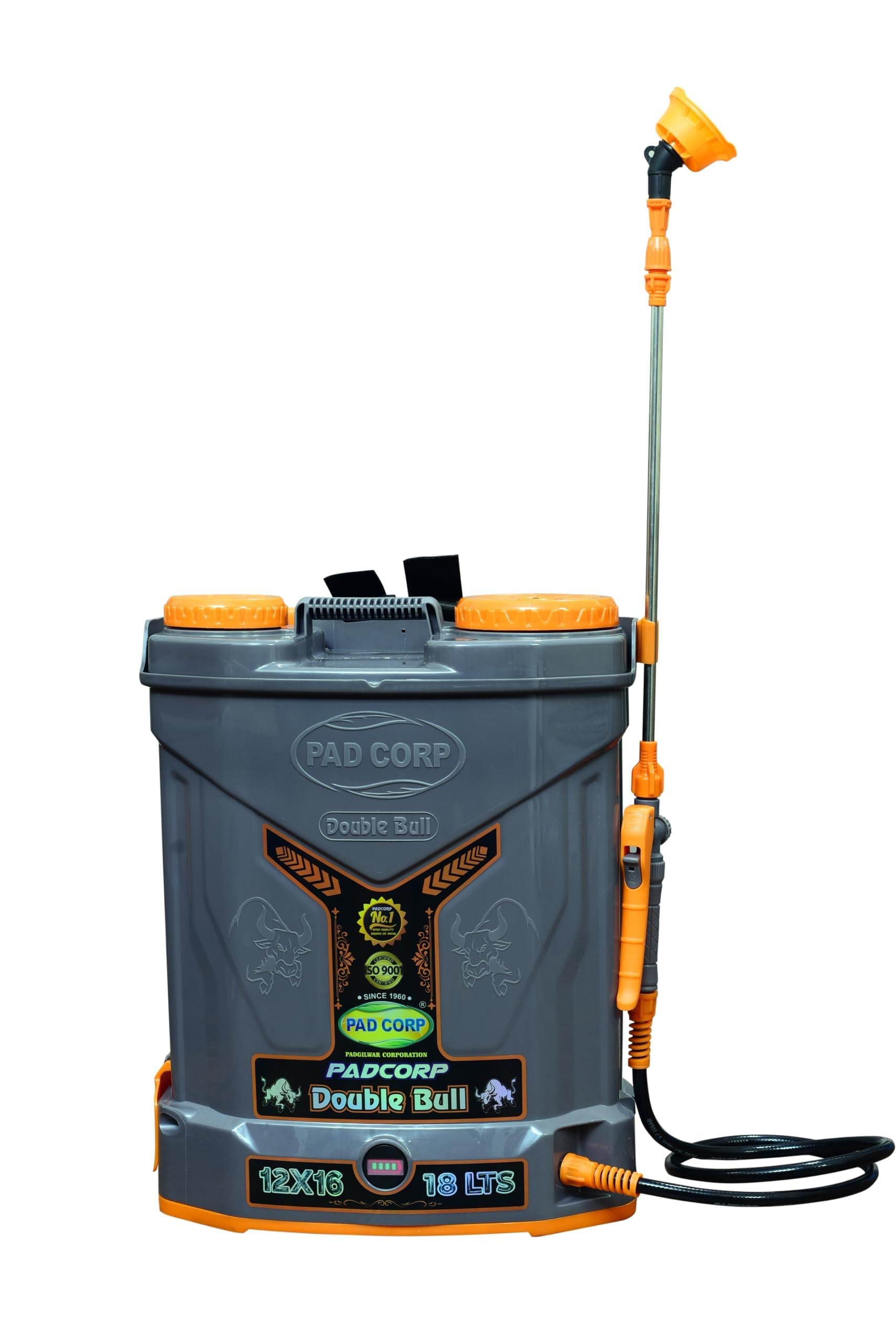 PAD Corp New Double Bull 12V x16AH Big Power Double Motor Battery Sprayer for Agricuture & Garden, 2AH Fast Charger with Digital Meter (Gray-Orange)