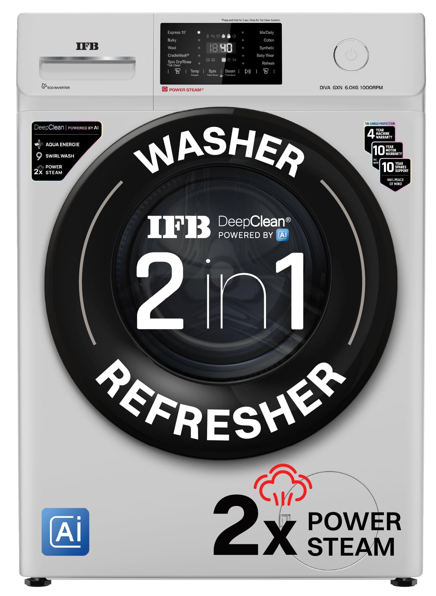 IFB 6 Kg 5 Star, Powered by AI, Eco Inverter, Fully Automatic Front Load Washing Machine (DIVA GXN 6010, Steam Refresh Program with 9 Swirl Wash, Grey...