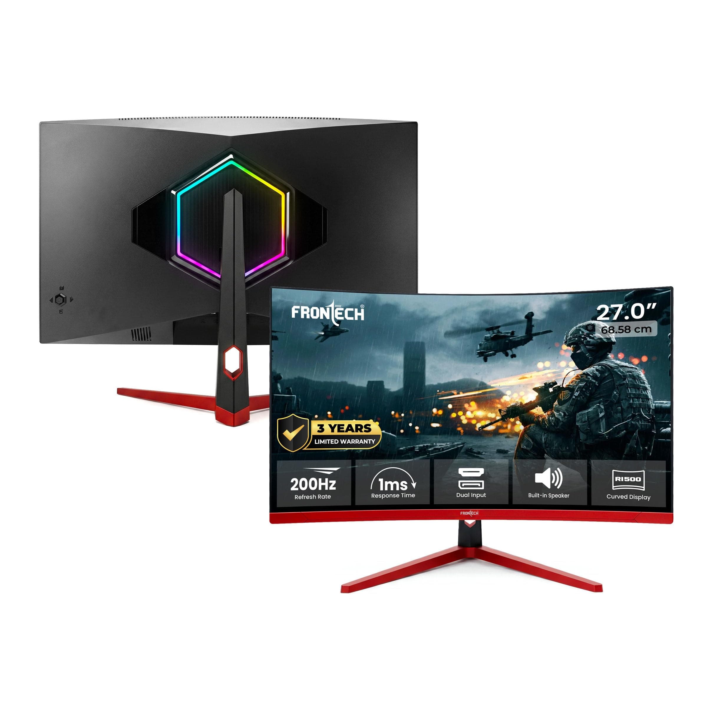 FRONTECH 27-inch (68.58 cm) Curved Gaming Monitor | 200Hz Refresh Rate | Full HD 1080p | Free Sync | Flicker-Free | HDMI & DP Dual Input (MON-0052)
