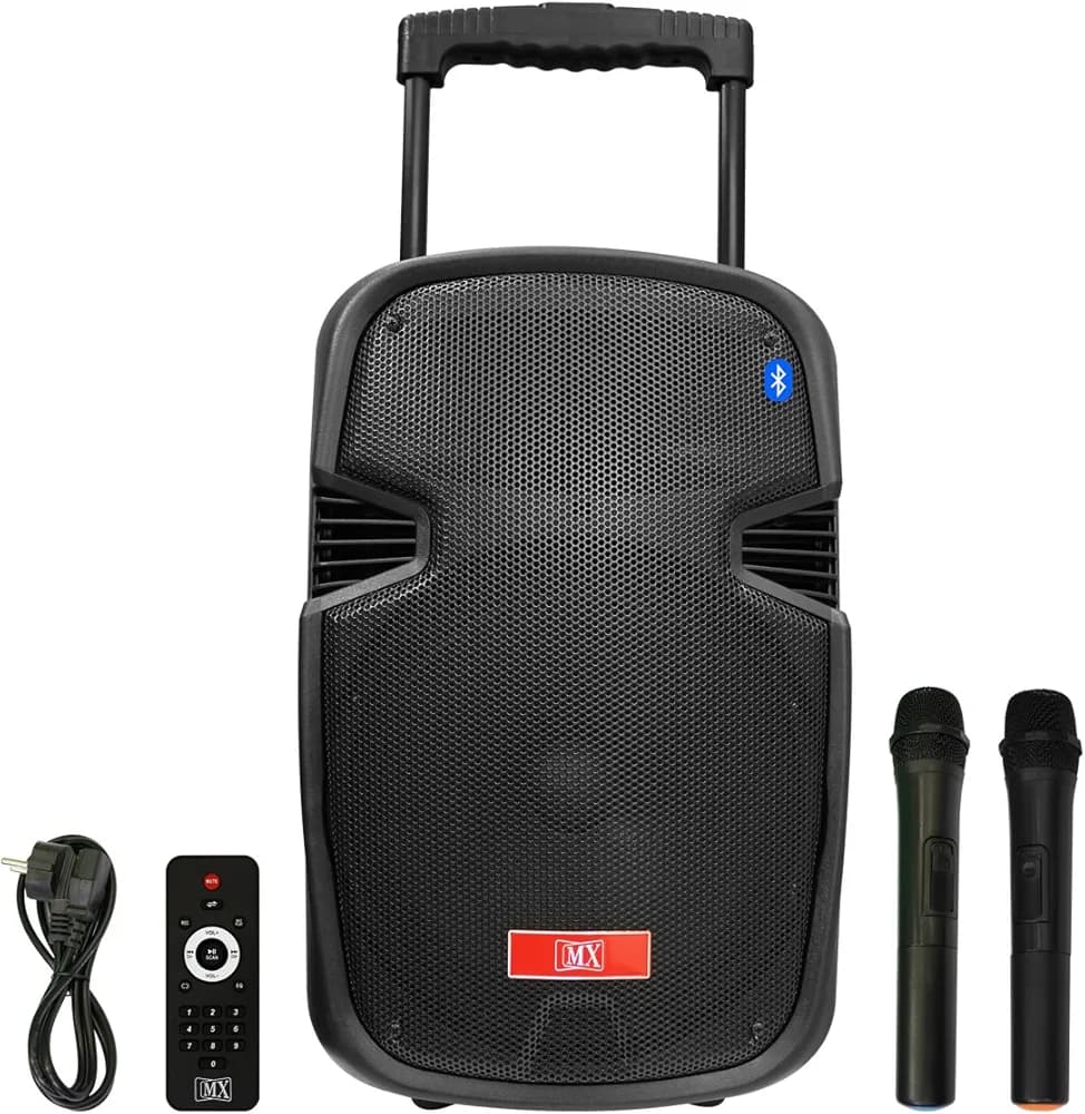 MX Portable Trolley Karaoke Bluetooth Party Speaker with Remote, Built-in Amplifier & 2 Wireless Mic, Rechargeable Battery, USB, SD Card, Aux Input, 10" PA System Power 80 Watts RMS (3710)