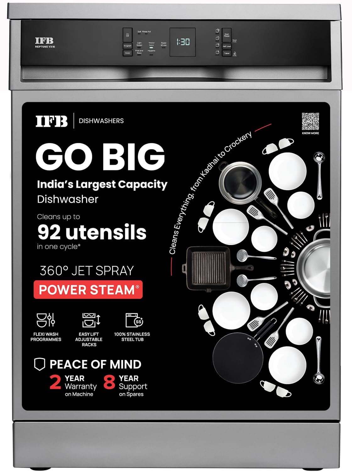 IFB 15 Place Settings with DeepClean Technology Freestanding Dishwasher (Neptune VX15, Dark Silver, 70 Hot Water Wash with Hygienic Steam Drying, Perf...