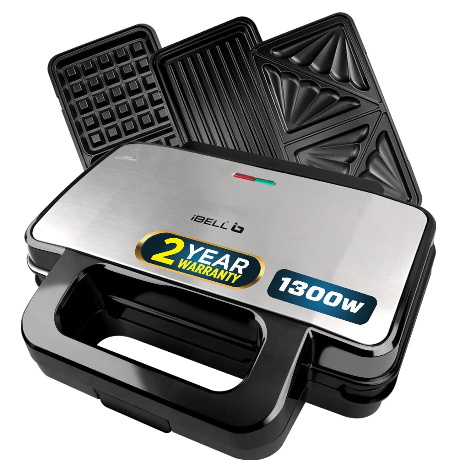 iBELL SM3010M 3-in-1 Sandwich Maker Big Size, 1300 Watt, 2 Year Warranty, with Automatic Temperature Control and Detachable Plates for Toast/Waffle/Gr...