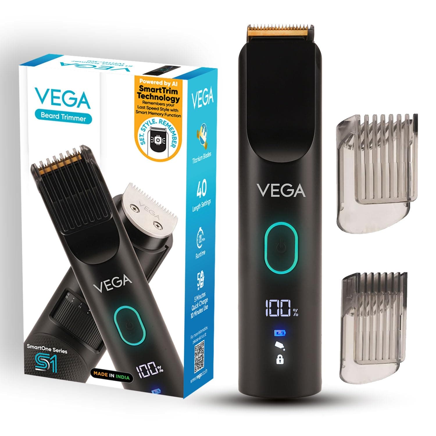 Vega SmartOne Series S1 Beard Trimmer for Men, 120 mins Runtime, IPX7 Waterproof 40 Length Settings, (VHTH-30)