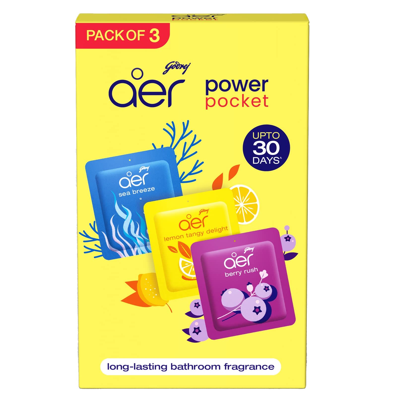 Godrej Aer Power Pocket, Air Freshener- Bathroom and Toilet, Lasts Up to 30 days - Assorted Pack of 3