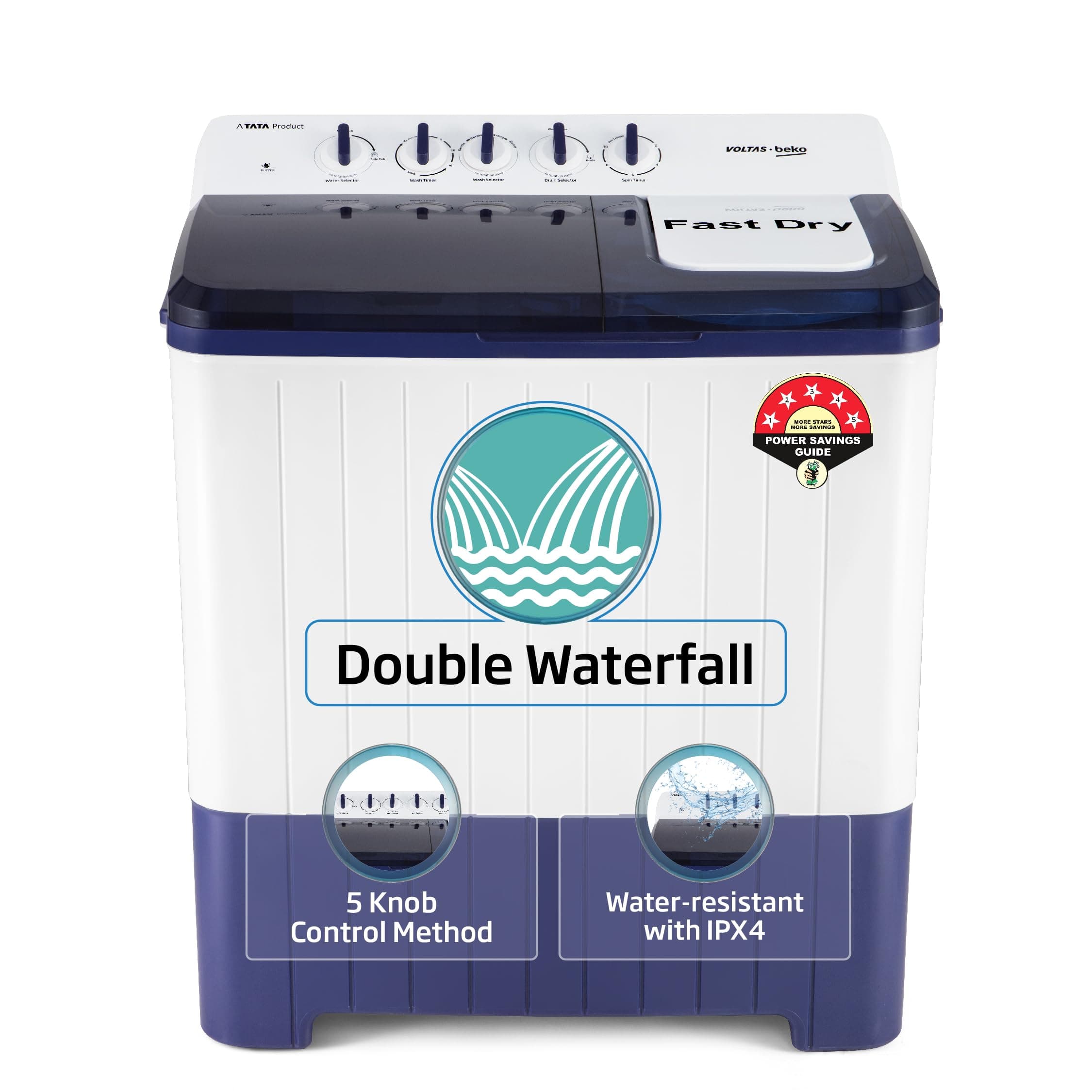Voltas Beko, A Tata Product 12 Kg Semi Automatic Washing Machine with Double Waterfall and Special Pulsator, (WTT120UPA/BL5KPTD, Blue)