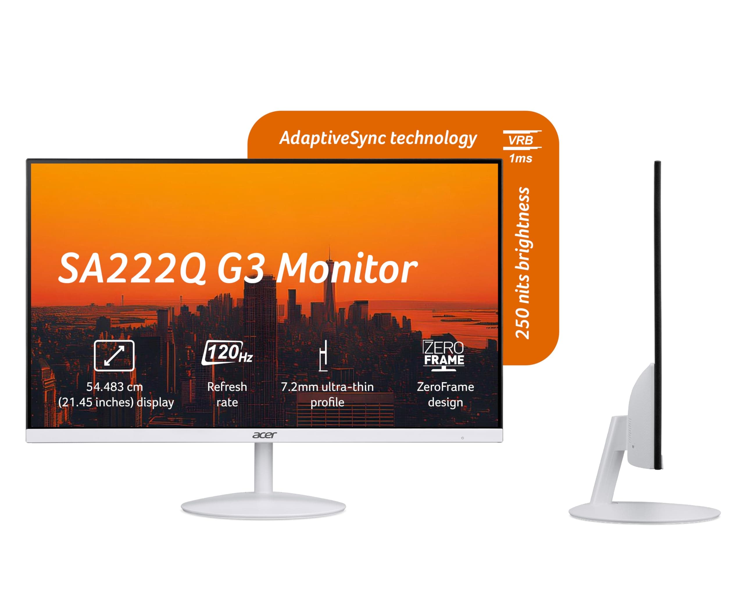Acer SA222Q G3 21.5 Inch Full HD IPS Monitor | 120Hz Refresh | 1ms VRB | AdaptiveSync | Ultra Slim 7.2mm ZeroFrame | Buil...