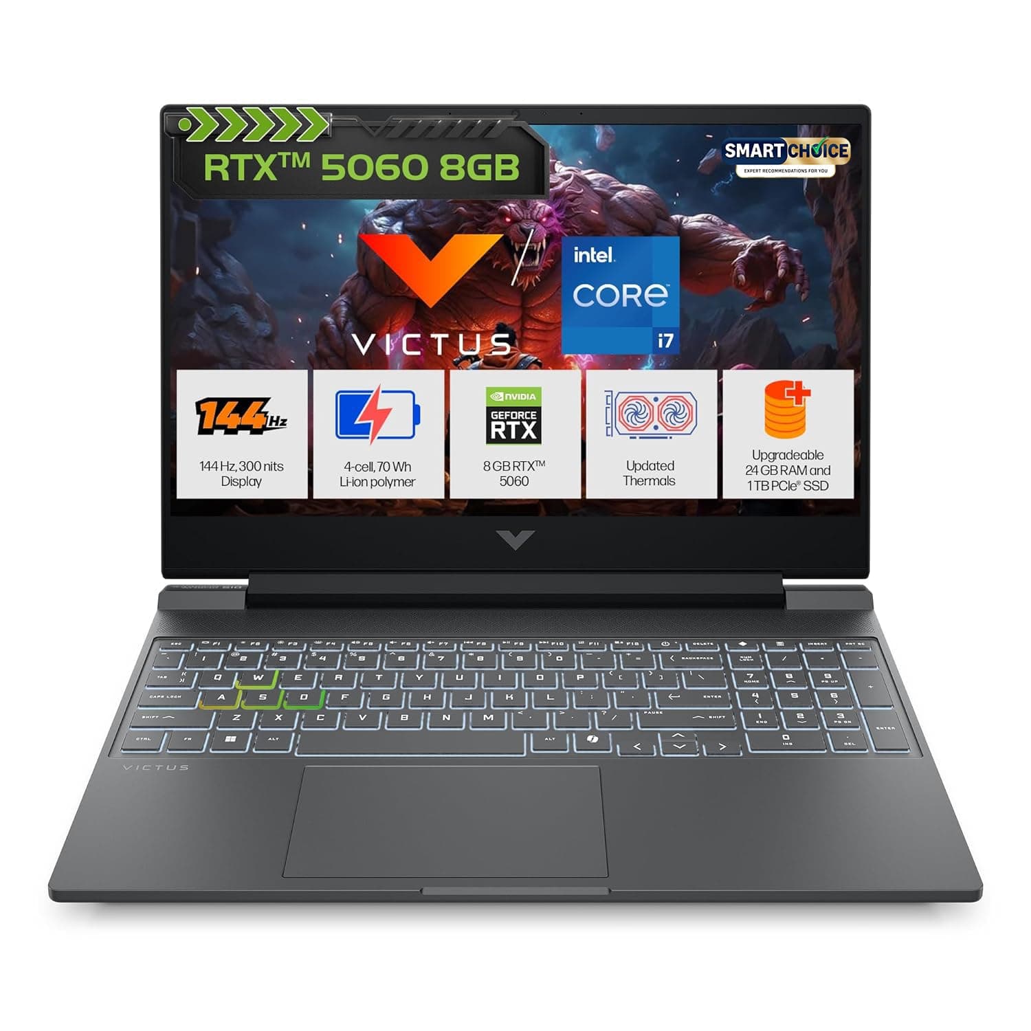 HP Victus, 13th Gen Intel Core i7-13620H, 8GB RTX 5060 (24GB DDR5, 1TB SSD) 144Hz, 300nits, IPS, FHD, 15.6"/39.6cm, Win11, M365* Office 24, Mica Silver, 2.29Kg, RGB Backlit, fa2308TX, Gaming Laptop