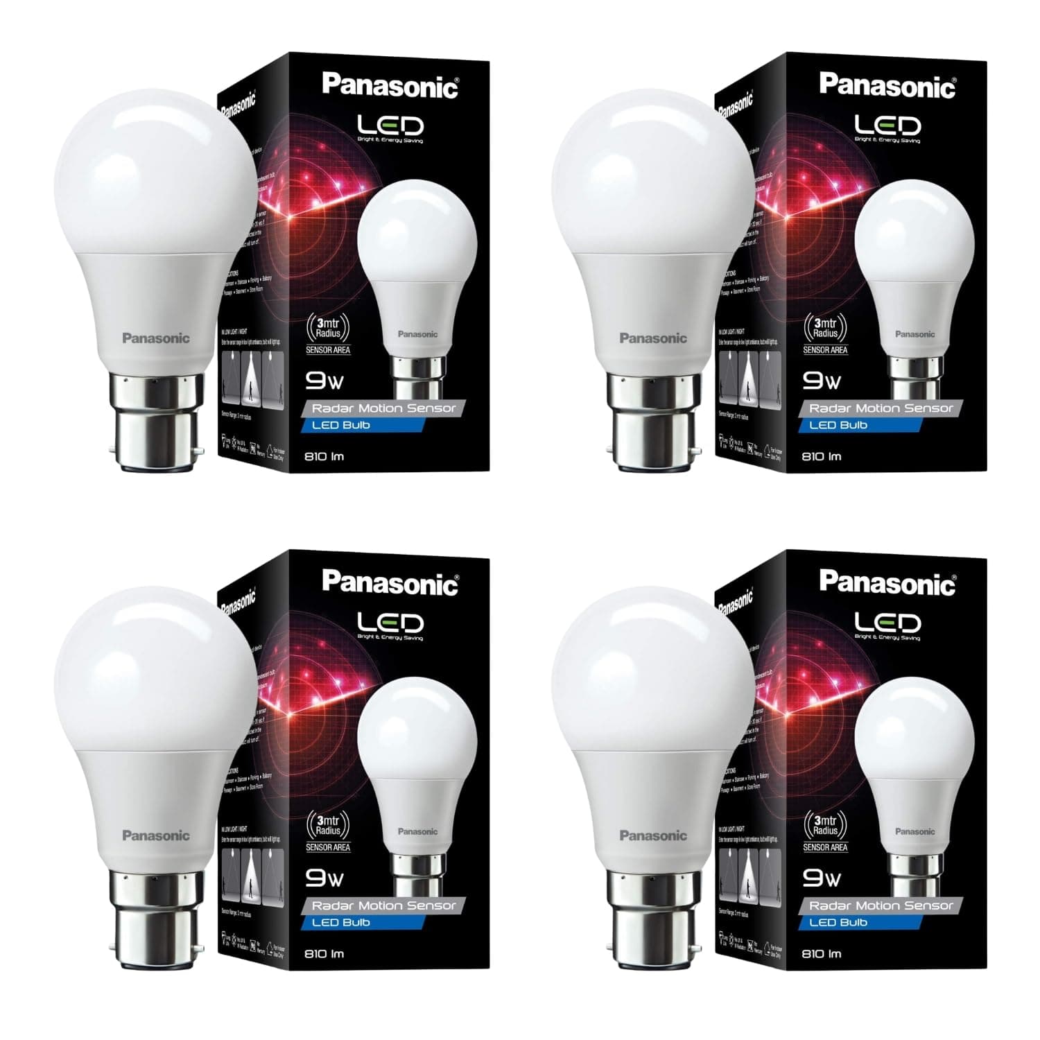 Panasonic 9W LED Radar Motion Sensor Bulb with B22 Lamp Base (Cool Day White, Pack of 4)