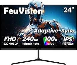 FeuVision 24 Inch 240Hz Gaming Monitor, FHD 1080P, IPS Panel, 0.5ms Response Time, Adaptive Sync, PC Computer Screen, 3 Si...