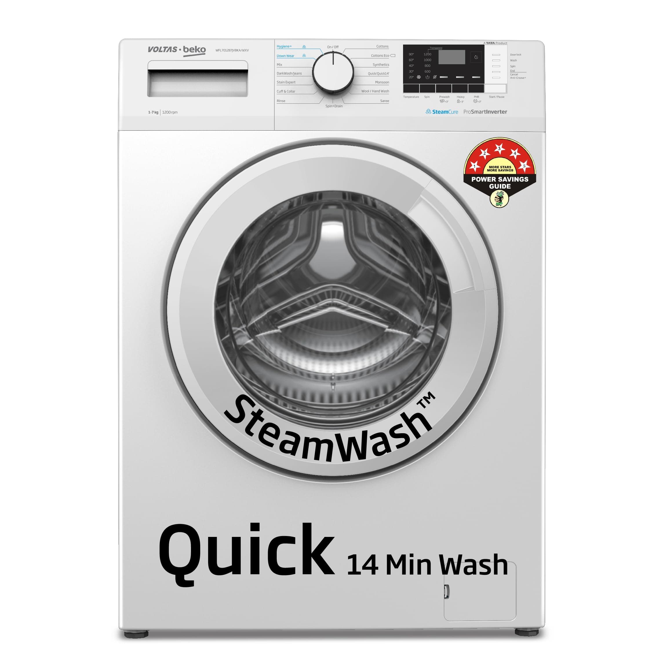 Voltas Beko, A Tata Product 7 Kg 5 Star Inverter, Quick 14-Min Wash Fully Automatic Front Load Washing Machine (2024 Model, WFL7012B7JVBKA/WXV, White,...