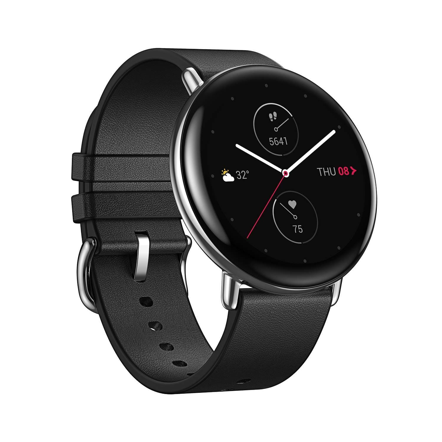Amazfit Zepp E Stylish Smart Watch CircleVersion , Health and Fitness Tacker with Heart Rate, SpO2 and REM Sleep Monitoring, Stainless Steel Body with Genuine Leather Band (Polar Night Black)