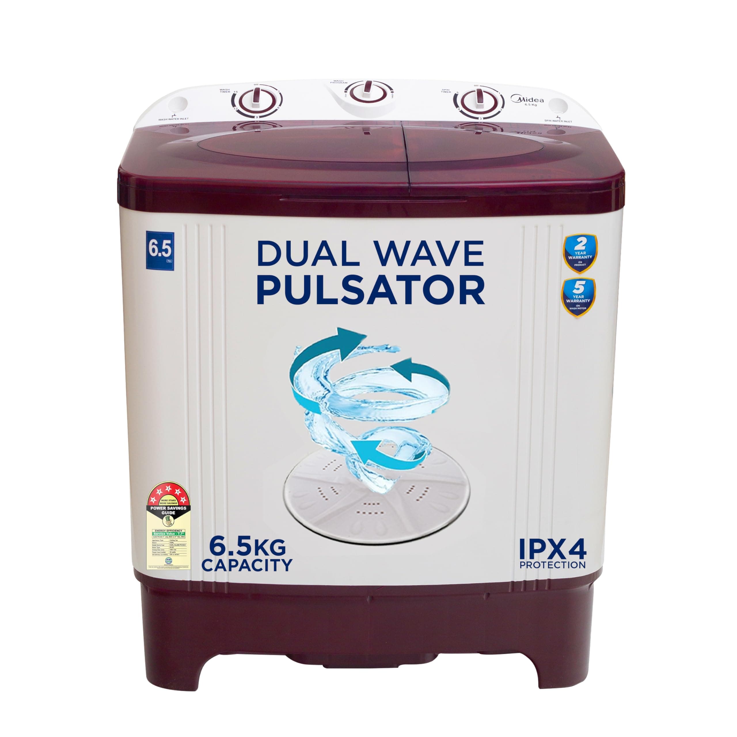 Midea 6.5 kg Semi Automatic Top Load Washing Machine Maroon, White (MWMSA065PPG(MW))