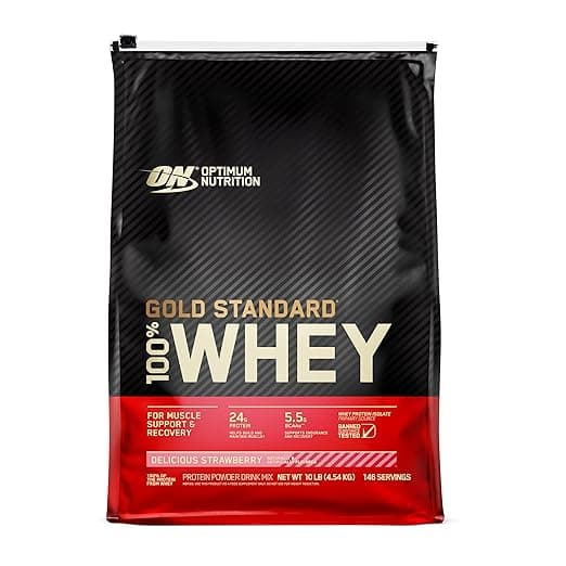 Optimum Nutrition (ON) Gold Standard 100% Whey Protein Powder - 10 lbs, 4.54 kg (Delicious Strawberry), Primary Source Isolate Whey Proteins