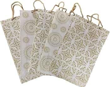 Creative Art White & Gold Medium Size Papper Gift Bag for Shopping Bag, Return Gift Bag, Party Bag, Carry Bag (Pack of 10)