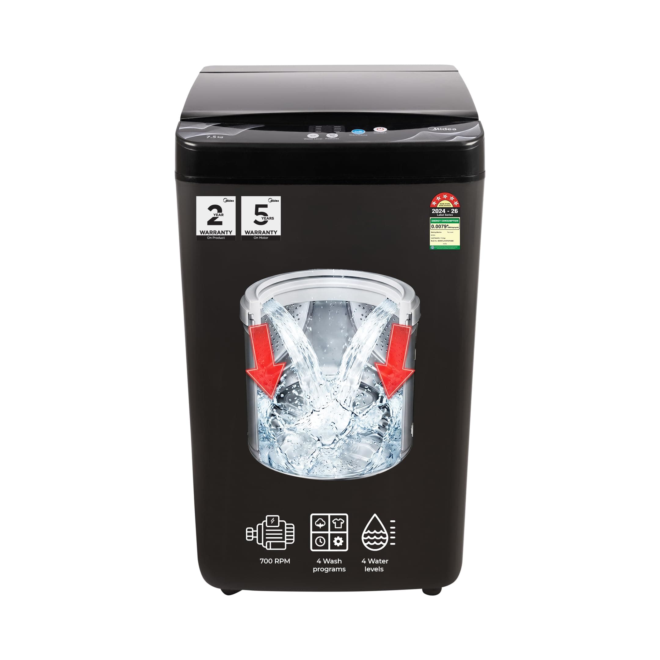 Midea 7.5 Kg 5 Star Fully Automatic Top Load Washing Machine, Spiral Stream Tub, Dual Waterfall, 6 Petal Pulsator, Magic F...