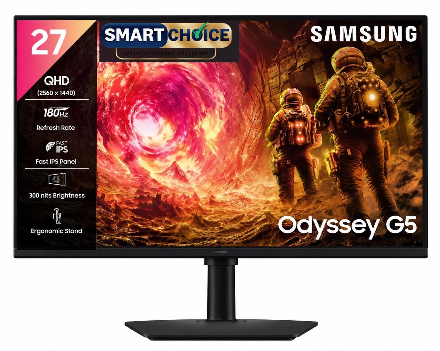 Samsung 27" Odyssey G5 Fast IPS Gaming Monitor|QHD 2560 x 1440|180 Hz|1ms|300nits|HDR10|AMD FreeSync|G-Sync|Ports-DP,HDMI,Headphone|Height-Tilt-Swivel...