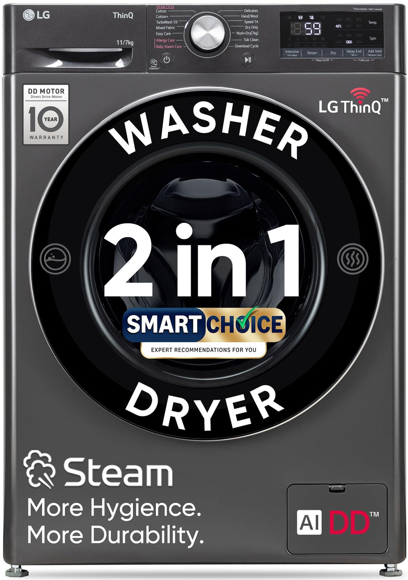 LG 11 Kg (Wash) / 7 Kg (Dry), AI Direct Drive Technology, Steam, 6 Motion DD & Wi-Fi Front Load Fully Automatic Washer Dryer (FHD1107SWM, Intelligent & Convenient Fabric Care, Turbowash, Middle Black)