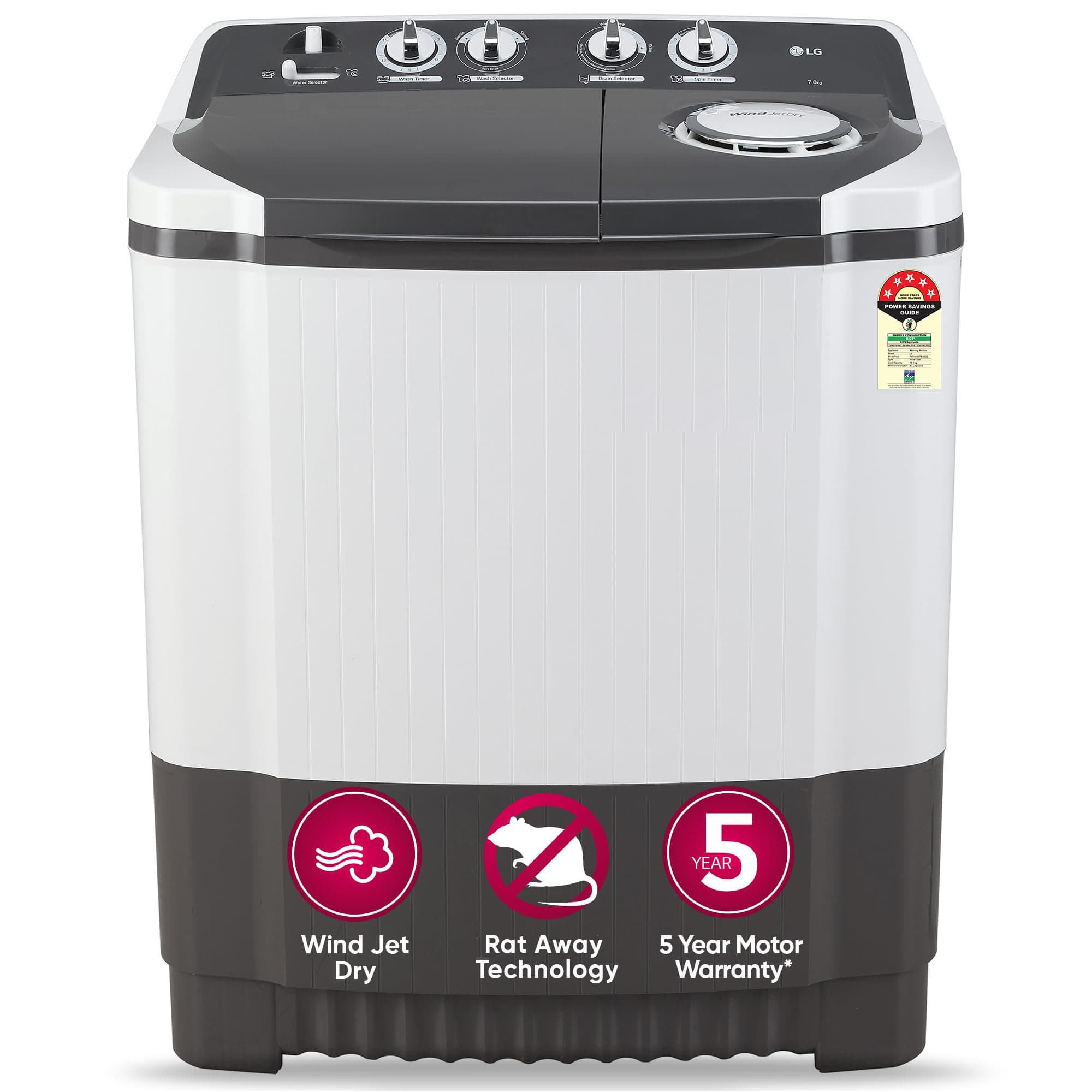 LG 7 Kg 5 Star Semi-Automatic Top Loading Washing Machine (P7020NGAZ, Dark Gray, Wind Jet Dry)
