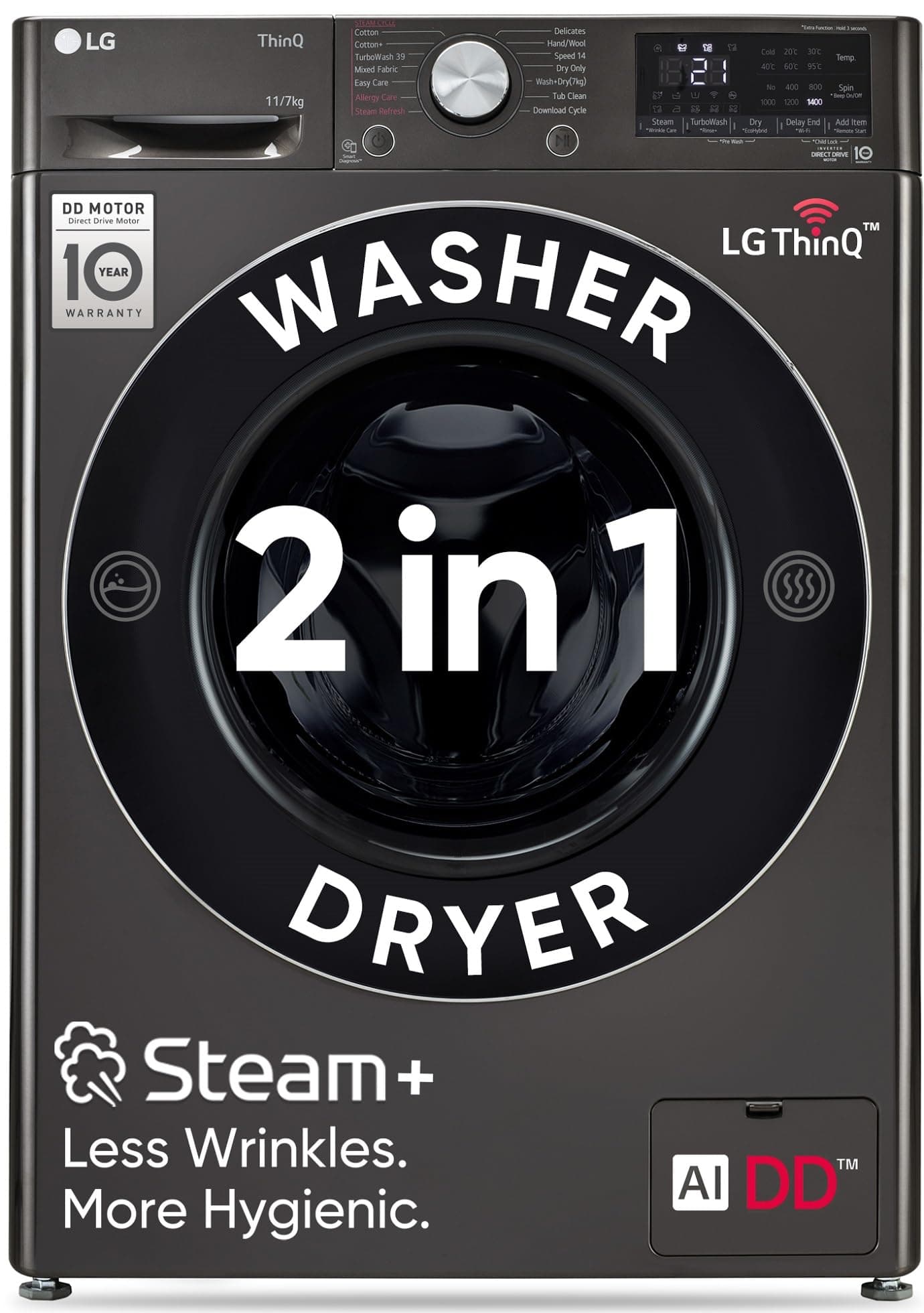 LG 11 Kg / 7.0 Kg Wi-Fi Inverter AI Direct-Drive Fully Automatic Front Load Washer-Dryer (FHD1107STB, Steam+, In-built Heater, 6 Motion DD, Black Stee...