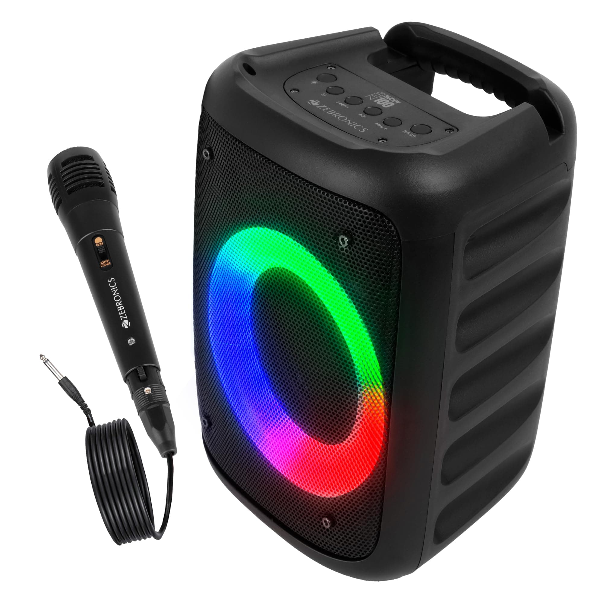 ZEBRONICS Zeb-Buddy 100 Portable BT v5.0 Speaker with TWS, 15W RMS, Wired mic Karaoke, 5H Backup, RGB LED, FM Radio, AUX, USB, Micro SD, Built in Rech
