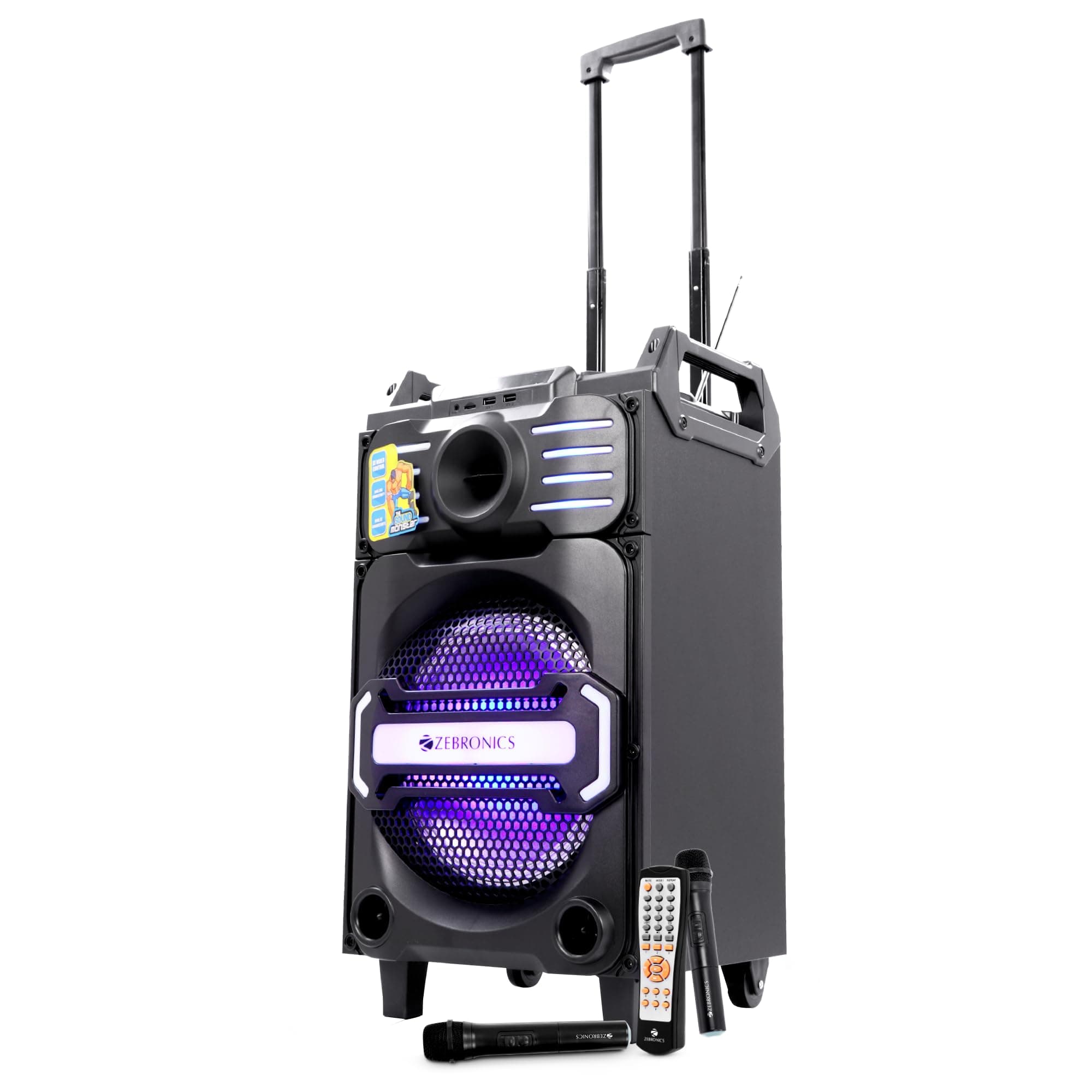 ZEBRONICS New Launch Octane Trolley Party DJ Speaker, 48 Watts, Supports Dual Bluetooth, Dual USB, mSD, AUX, Karaoke Function, Two Wireless Mic, DJ Mi...