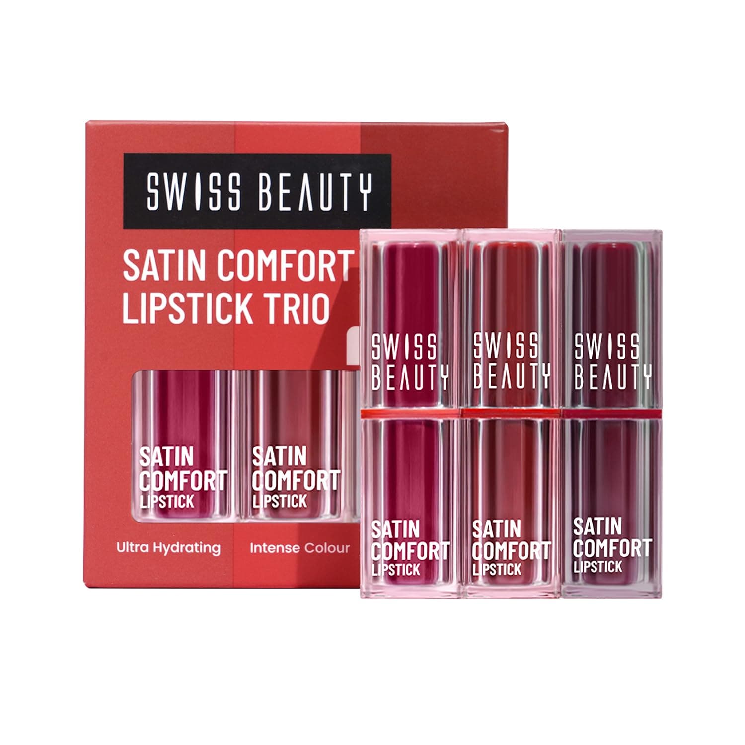 Swiss Beauty Satin Comfort Lipstick Trio 3-in-1| Ultra-Hydrating | Highly Pigmented | Smooth Glide | Satin Matte Finish | One-Swipe Application | Shad...