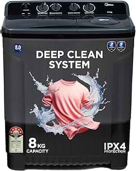 Midea 8 Kg 5 Star Air Jet Dry IPX4 Protection Semi Automatic Top-Load Washing Machine (MWMSA080SAPPG(KG)2024) Black Grey