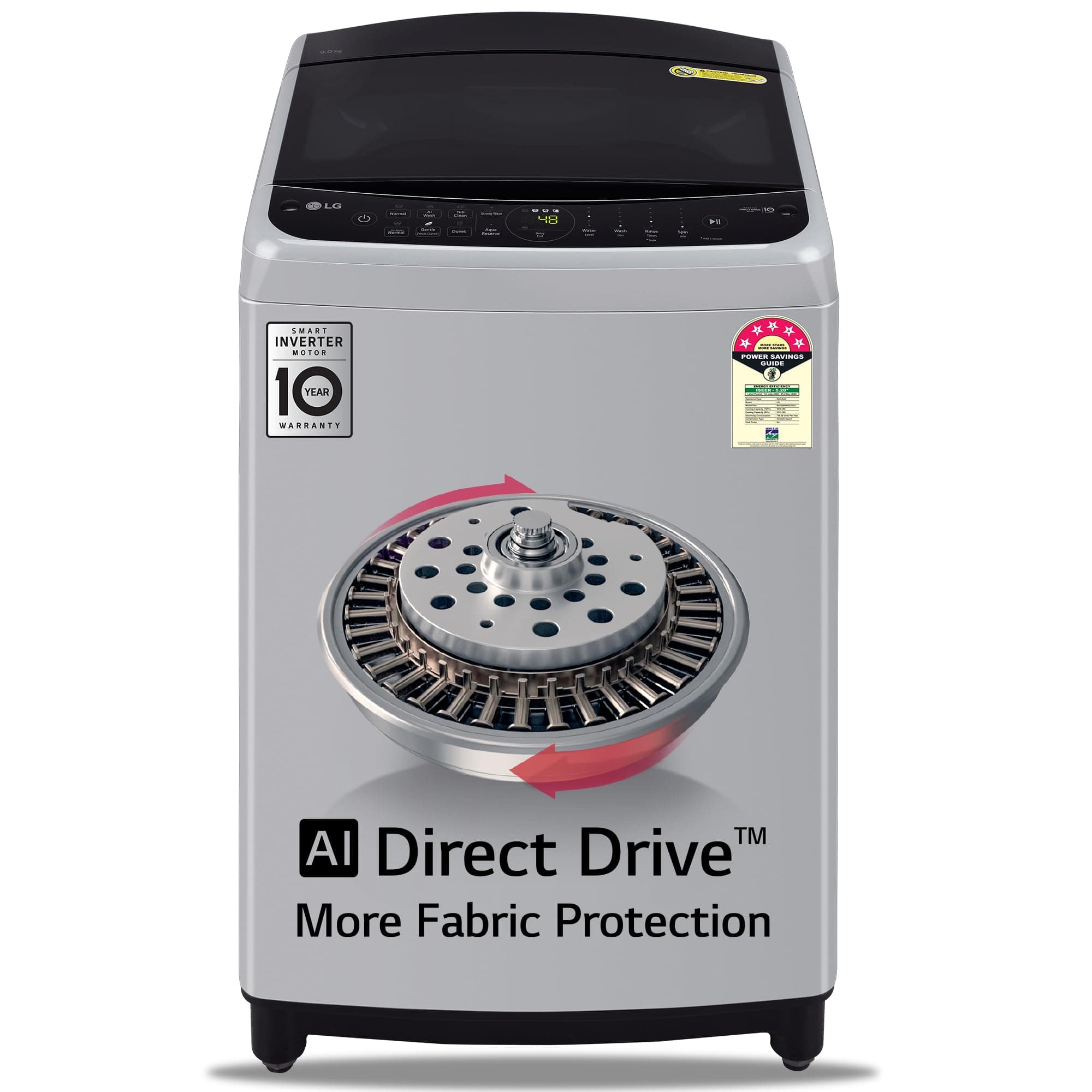 LG 9 Kg 5 Star Inverter Fully-Automatic Top Load Washing Machine (THD09NPF, Middle Free Silver, AIDD Technology)
