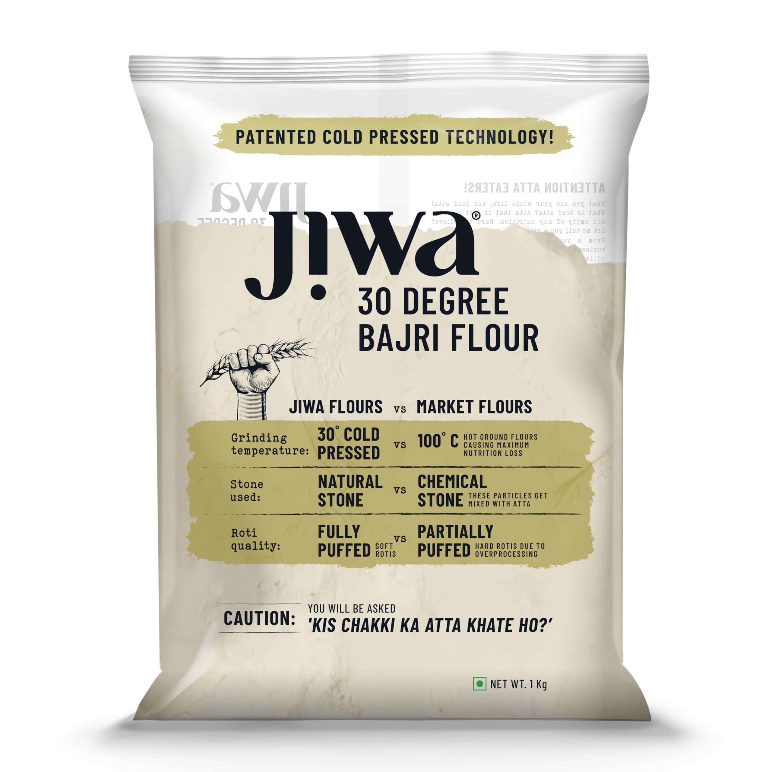 JIWA healthy by nature Organic Bajri Flour / Atta| Soft Fluffy Rotis | Chakki Ground Pearl Millet Flour | Naturally Gluten Free | 100% Natural Bajra | 1 kg