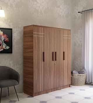 NEUDOT Loyal Four Door, Leon Teak Finish Engineer Wood Multipurpose Wardrobe/Almirah/Organiser/Cupboard with 2 Hanger Stand, for Cloths and Other Stor...