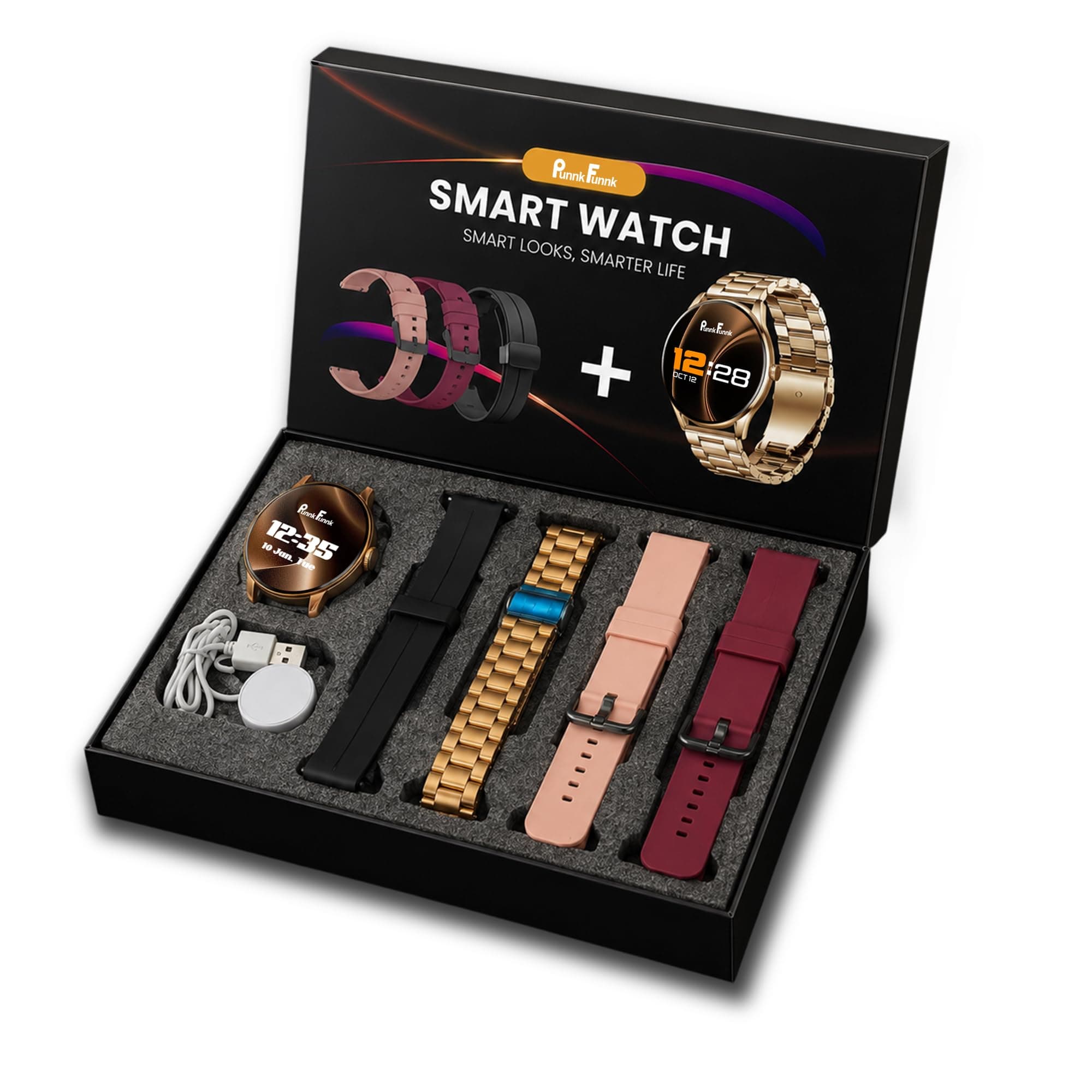 PunnkFunnk H20 Smart Watch Combo, Fitness Tracker with Bluetooth Calling, Heart Rate & SpO2 Monitor, IP67, Smartwatch for Men & Women, Multi-Sport Mode, Android & iOS Compatible (GoldDial)